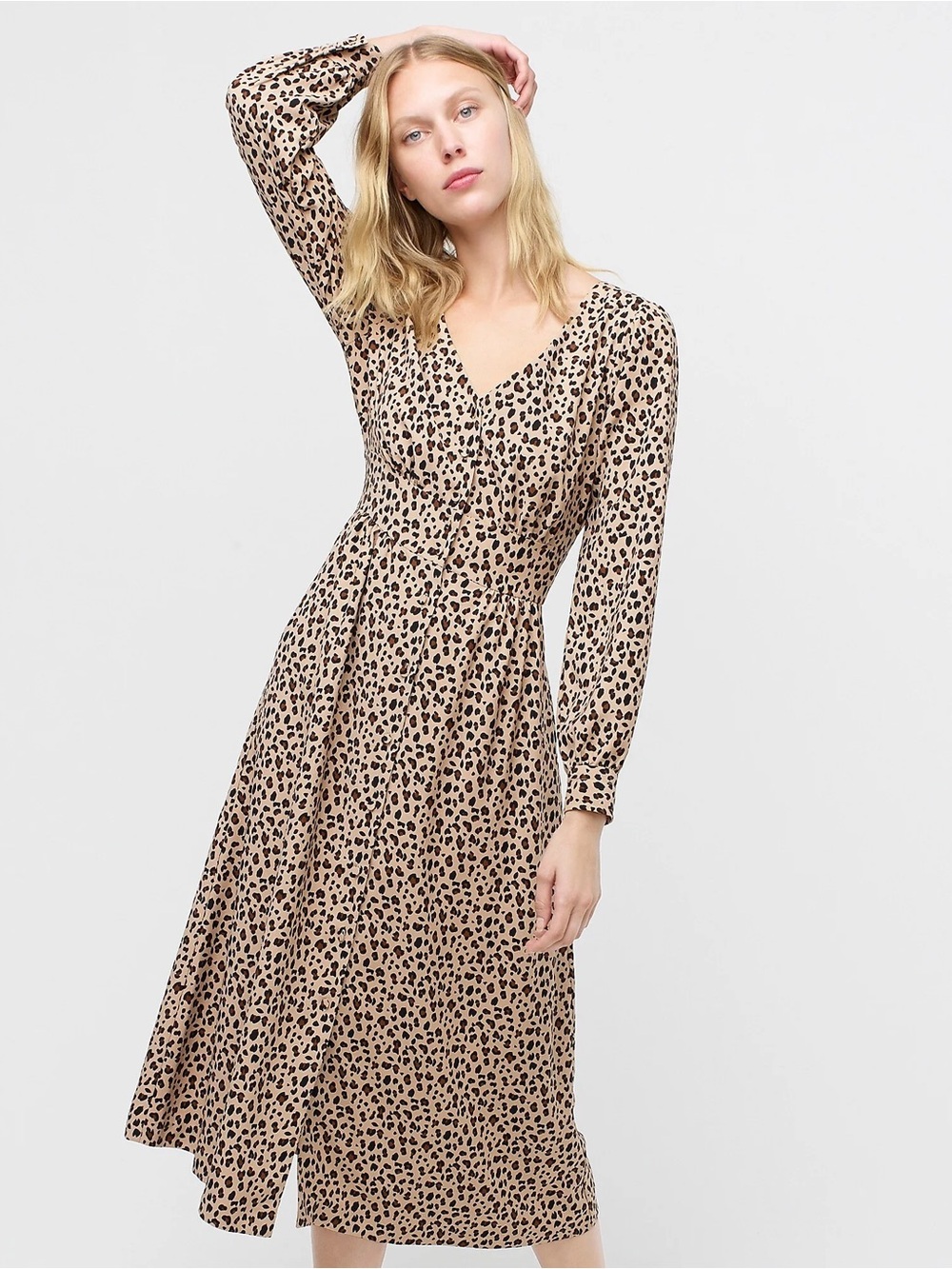 J. Crew Leopard Print Long Sleeve Midi Dress in Tan and Black